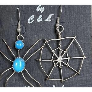 Sterling Silver Turquoise Spider Web Earrings Gothic Western Statement Dangle